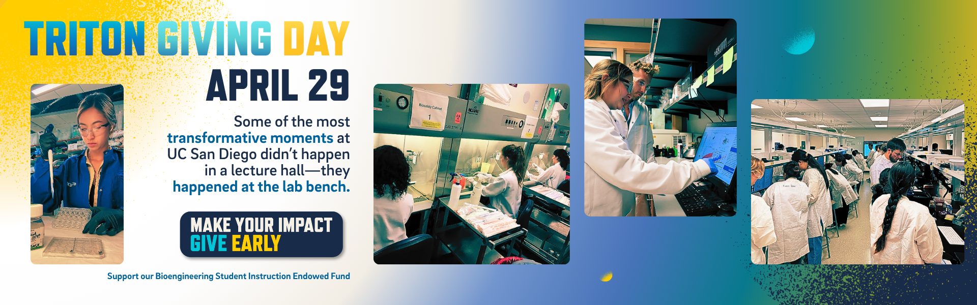 Photo collage of students working at bioengineering lab bench.